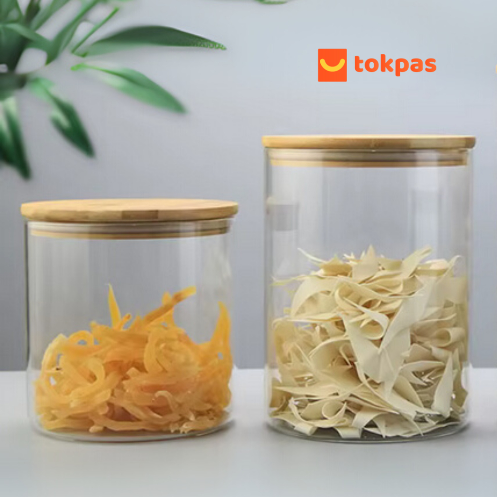 Toples Kaca Bulat Polos Tutup Kayu Kedap Udara untuk Kue Kering Lebaran