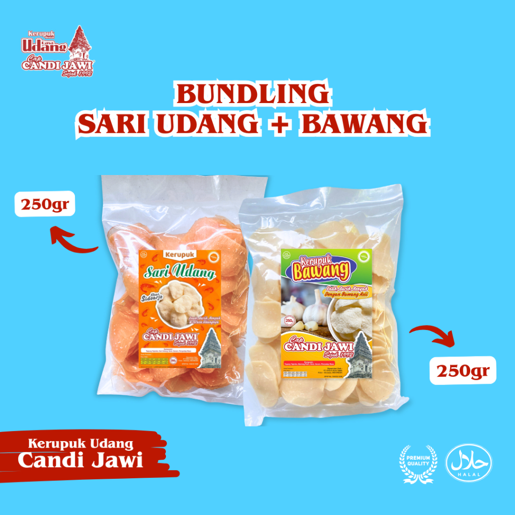

[BUY1 GET 1] Bundling Kerupuk Sari Udang+ Kerupuk Bawang Cap Candi Jawi Mentah 250gr x 2