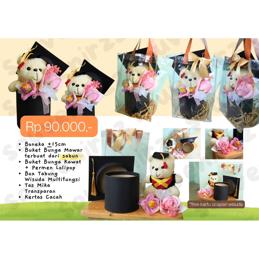 Paket Boneka Wisuda + Buket Sabun + Box Tabung & Tas Mika Transparan