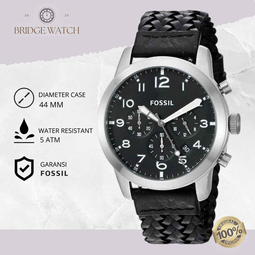 Jam Tangan Pria Fossil FS5181 Men Pilot 54 Chronograph Black Leather Strap Kulit Hitam Dial Casual O