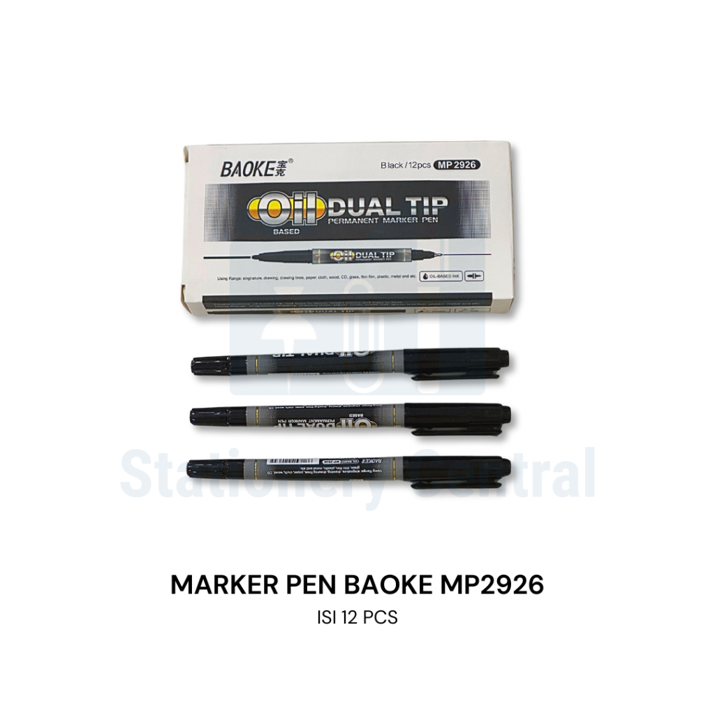 

Pen Spidol Permanen Hitam Dual Tip Oil Based Baoke MP2926 Permanent Marker Pen Black isi 12 pcs