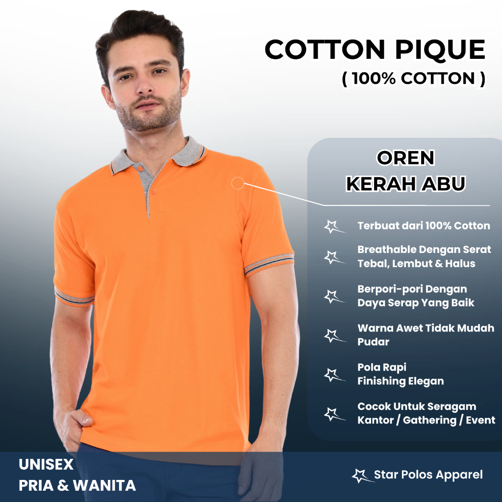 Kaos kerah/  Kaos kerah  COTTON 100% lengan pondek wanita pria OREN KOMBINASI