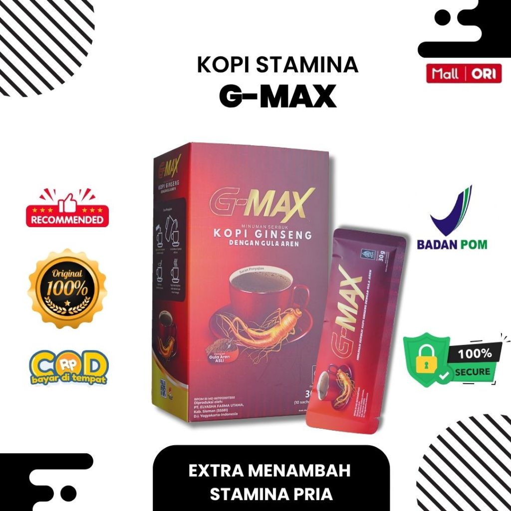 

Kopi G-Max Minuman Kopi Gingseng Kopi Kuat Tahan Lama Penambah Stamina Pria 1 Box Isi 10 Sct Bpom