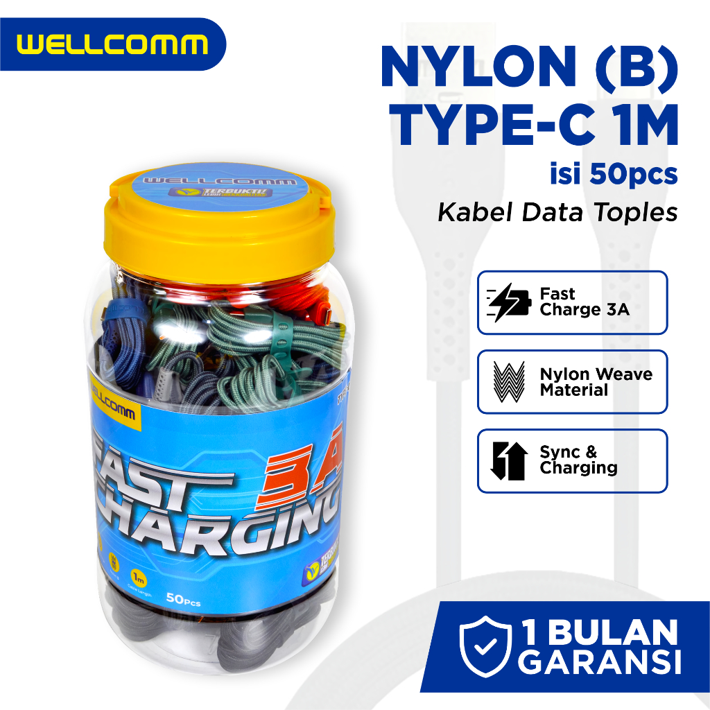WELLCOMM Kabel Data Nylon USB Type C 1M Fast Charge 3A (Toples) isi 50 Pcs Seri B