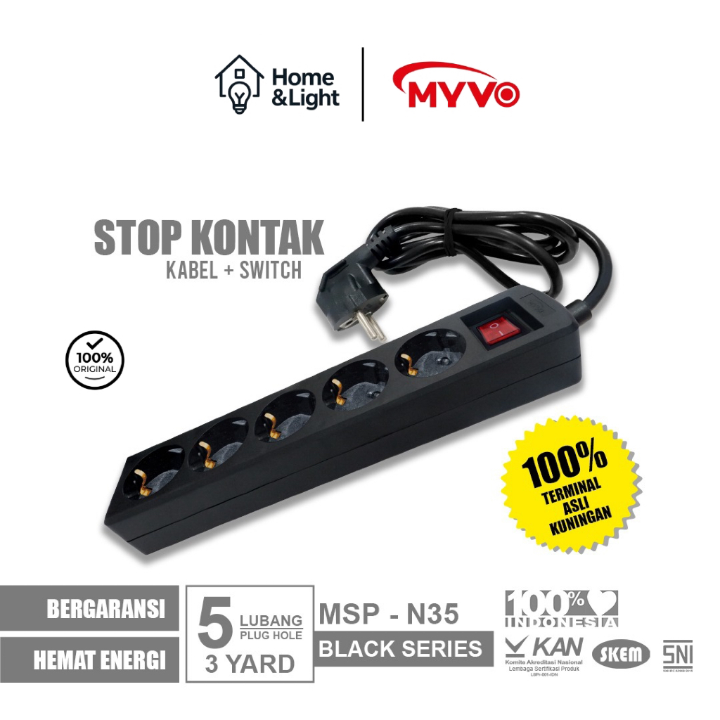 MYVO Stop Kontak 5 Lubang 3 Yard MSP-N35 Hitam