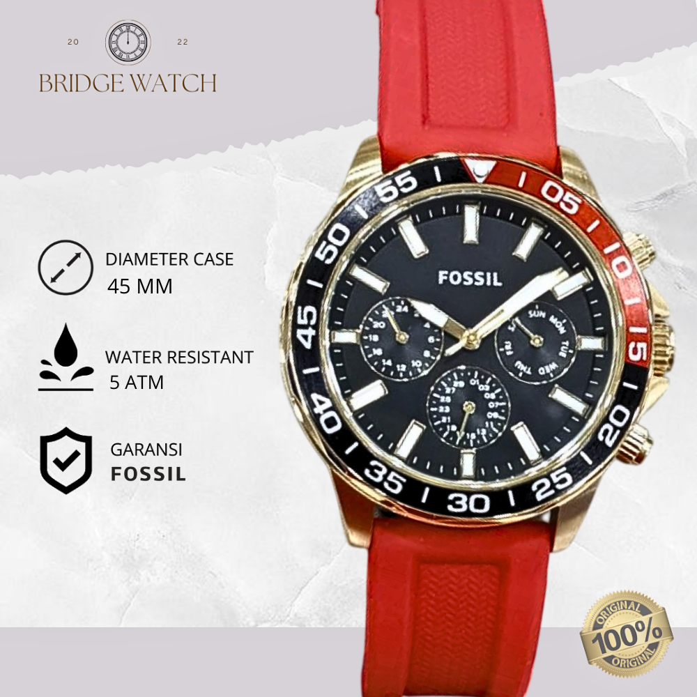 Jam Tangan Pria Fossil BQ2499 Bannon Red Rubber Strap Silicone Original Chronograph Sporty