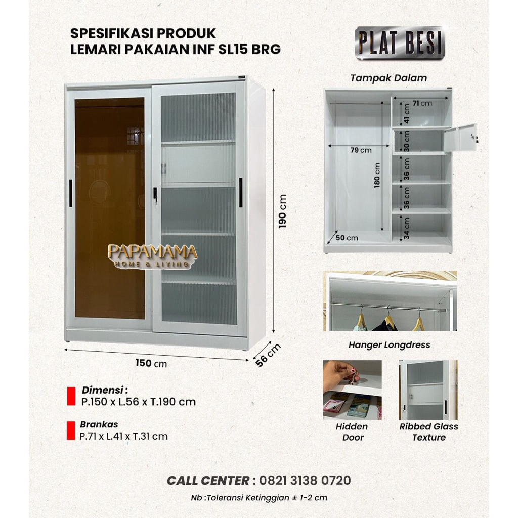 Lemari Pakaian Plat Besi 2 Pintu INF SL15 BRG - Lemari Baju Sliding Uk.150cm - Medan