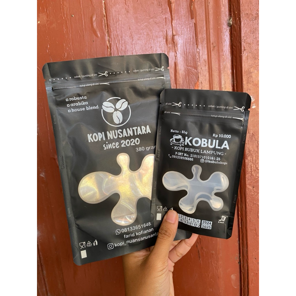 Kemasan standing pouch transmet 13x21 cm dengan sablon