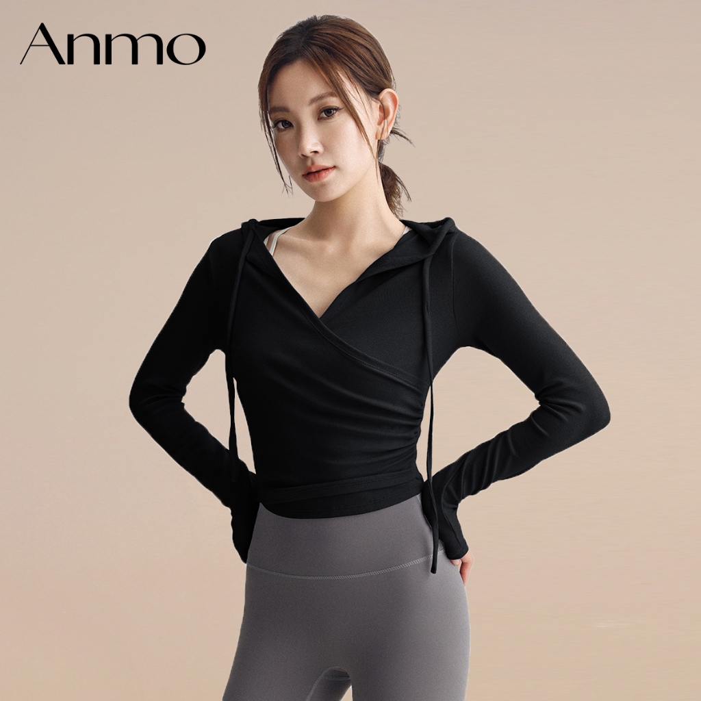 NawaPz ANMO-Baju olahraga wanita lengan panjang V-neck dengan hoodie, cocok untuk lari dan yoga.