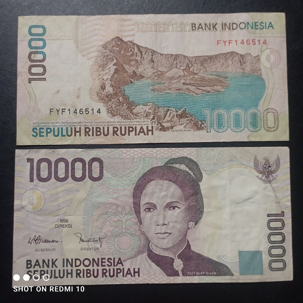 uang kertas 10000 rupiah cutnyakdien 1998 bekas asli