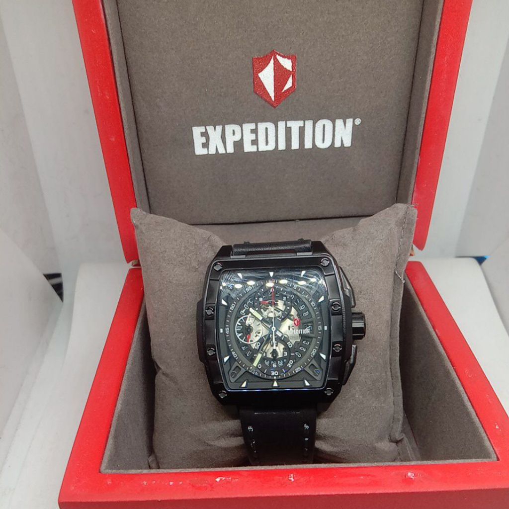 Jam Tangan EXPEDITION (E6815M) Persegi Crono tali kulit warna Hitam (Original)