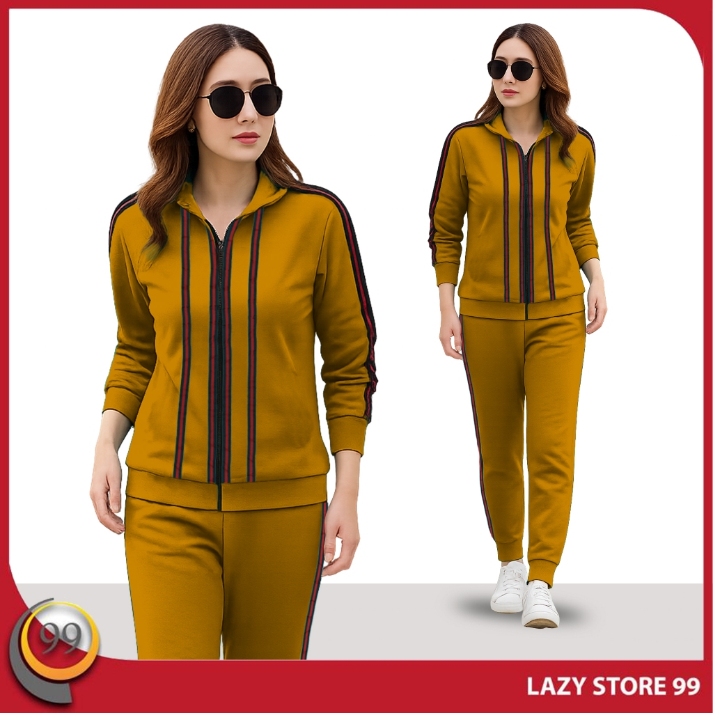 LRita SET - Setelan Kaos Celana Olahraga Wanita Kancing Resleting Training Senam Zumba Lengan Panjan