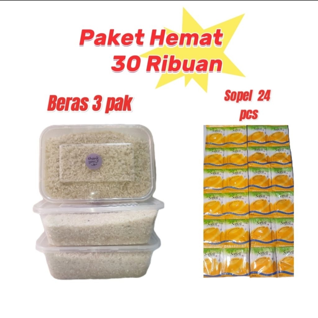 

Paket Hemat Beras 3 Pak + Sopel 24 Pcs, kombinasi sempurna, untuk kebutuhan sehari-hari
