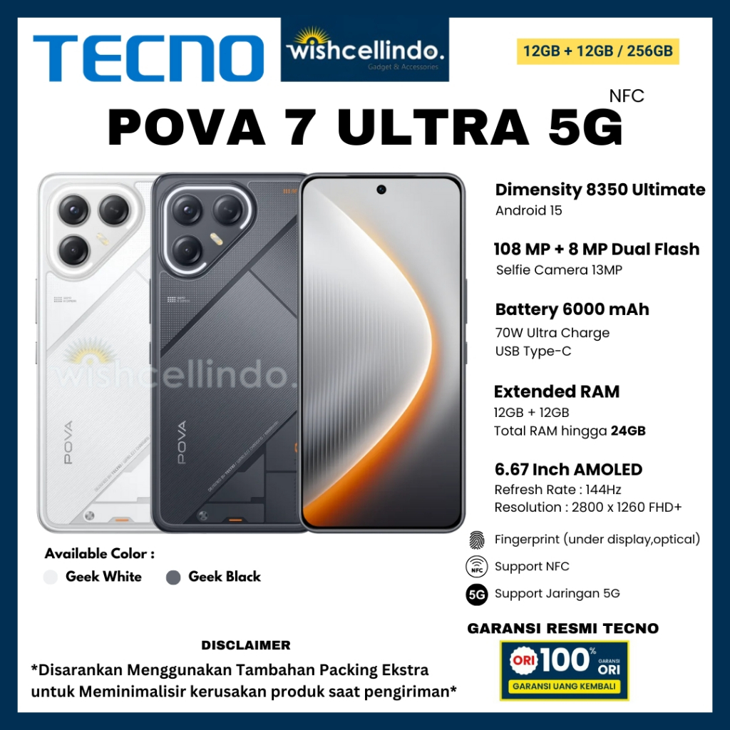 HP TECNO POVA 7 ULTRA 5G 12/256GB, dan POVA 7 CURVE 5G 8/256GB (Garansi Resmi Tecno 1 Tahun)
