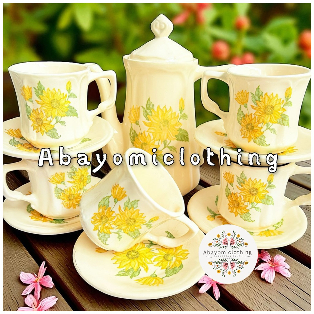 BARU TEKO SET KERAMIK  MOTIF BUNGA MATAHARI/ TEA SET TEH KERAMIK SNI TEBAL