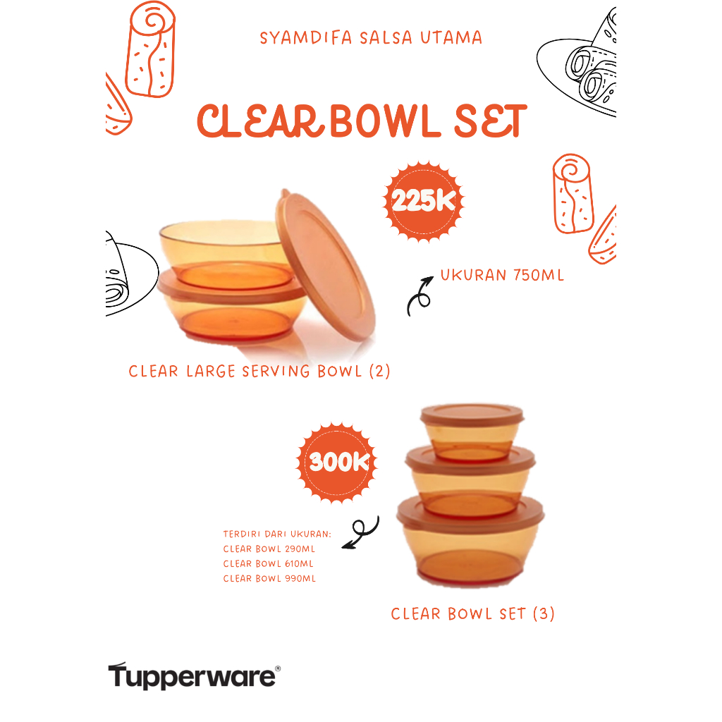 Tupperware Ori - Clear Bowl Set Gold / Green