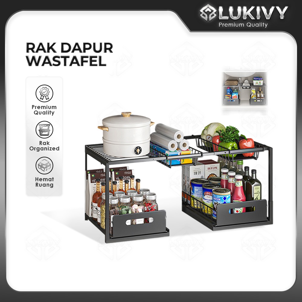 Rak Bawah Wastafel Dapur Kamar Mandi 2 Tingkat Sliding Laci Penyimpanan Bumbu Sabun Serbaguna