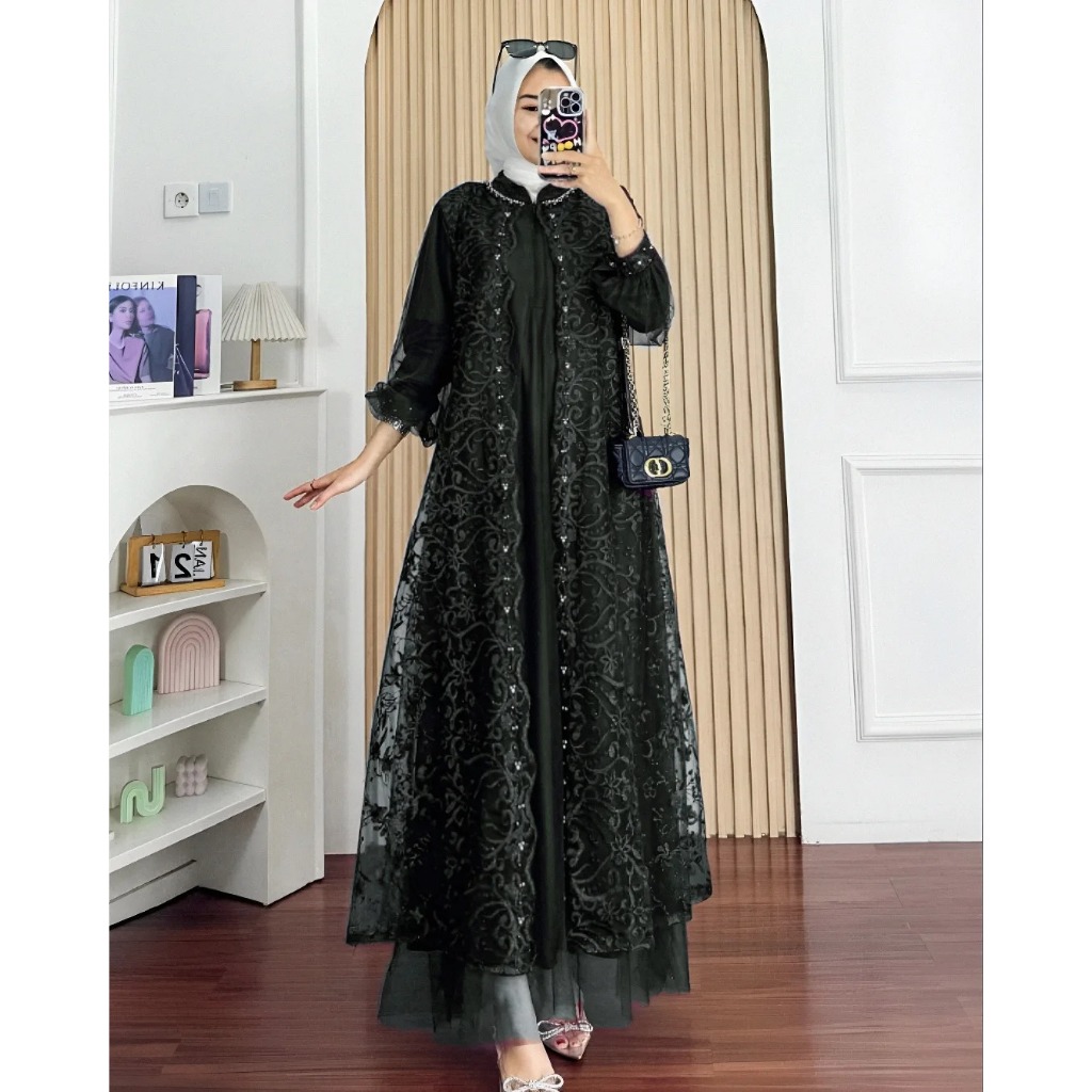 Gamis Kondangan Wanita Mewah Dan Elegan Nadine Dress BP Size M L XL XXL XXXL Bahan Tille Full Puring