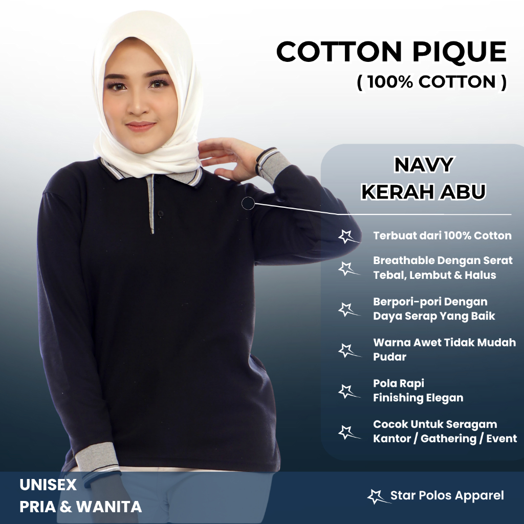 Kaos kerah/ poloshirt katun premium HITAM KERAH ABU panjang pria wanita