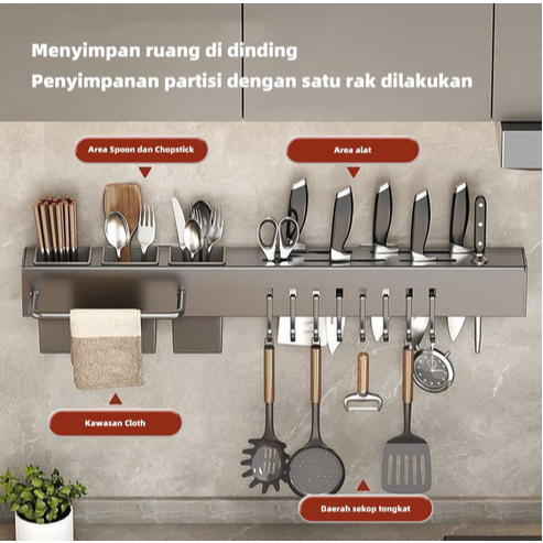 Aladiin Rak Tempel Dinding Stainless - Rak Gantung Dapur Multifungsi Tempat Pisau Sendok Garpu