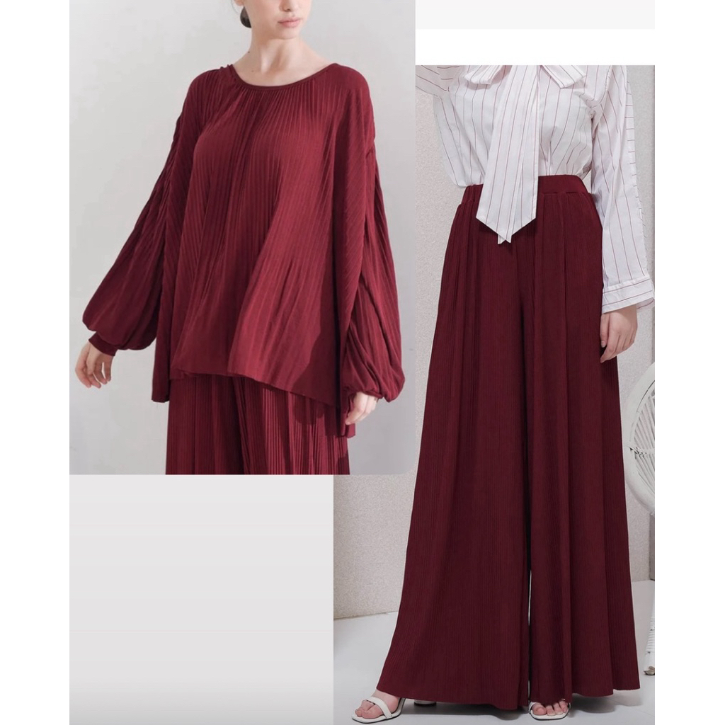 PRELOVED Benang Jarum Pleats Me Flowy Blouse dan Pants Maroon