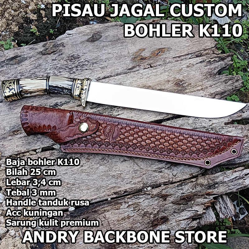 Pisau Custom Outdoor Bohler K110 – Handle Tanduk Rusa & Sarung Kulit Premium