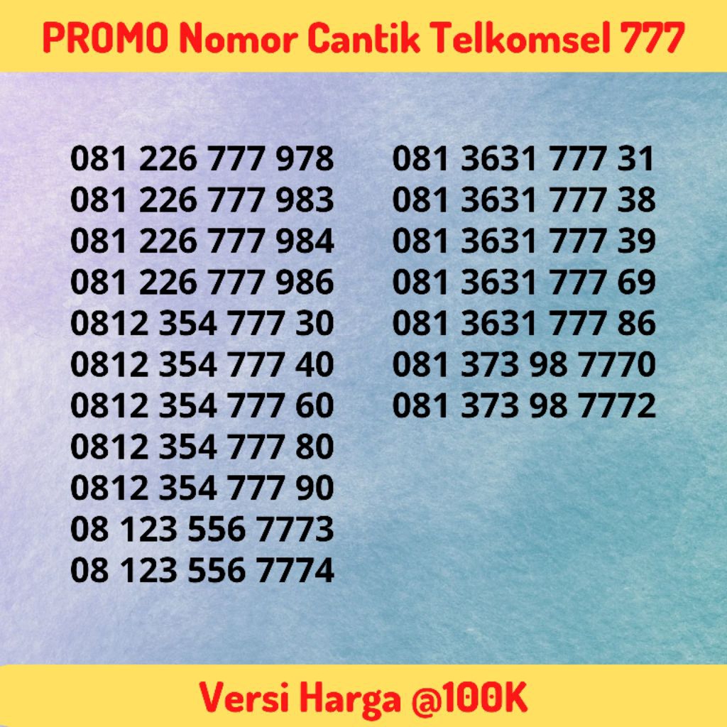Nomor Cantik Telkomsel Seri Triple 7 / 777 Tengah Versi @100K - Kartu Perdana Simpati Murah