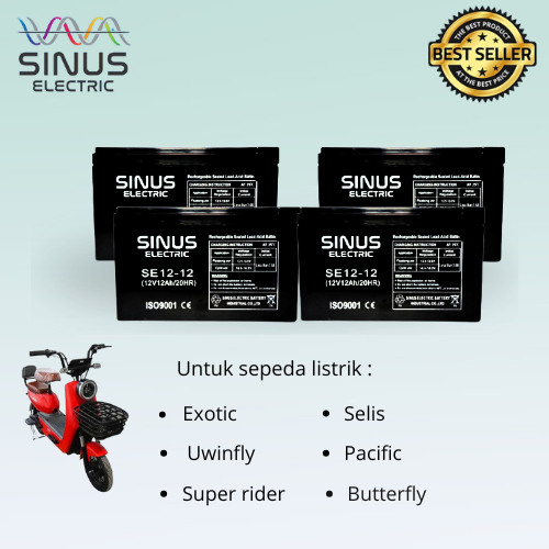 AKI SEPEDA LISTRIK SELIS 12V 12AH 48V 12AH 1PAKET SINUS ELECTRIC AKI KERING
