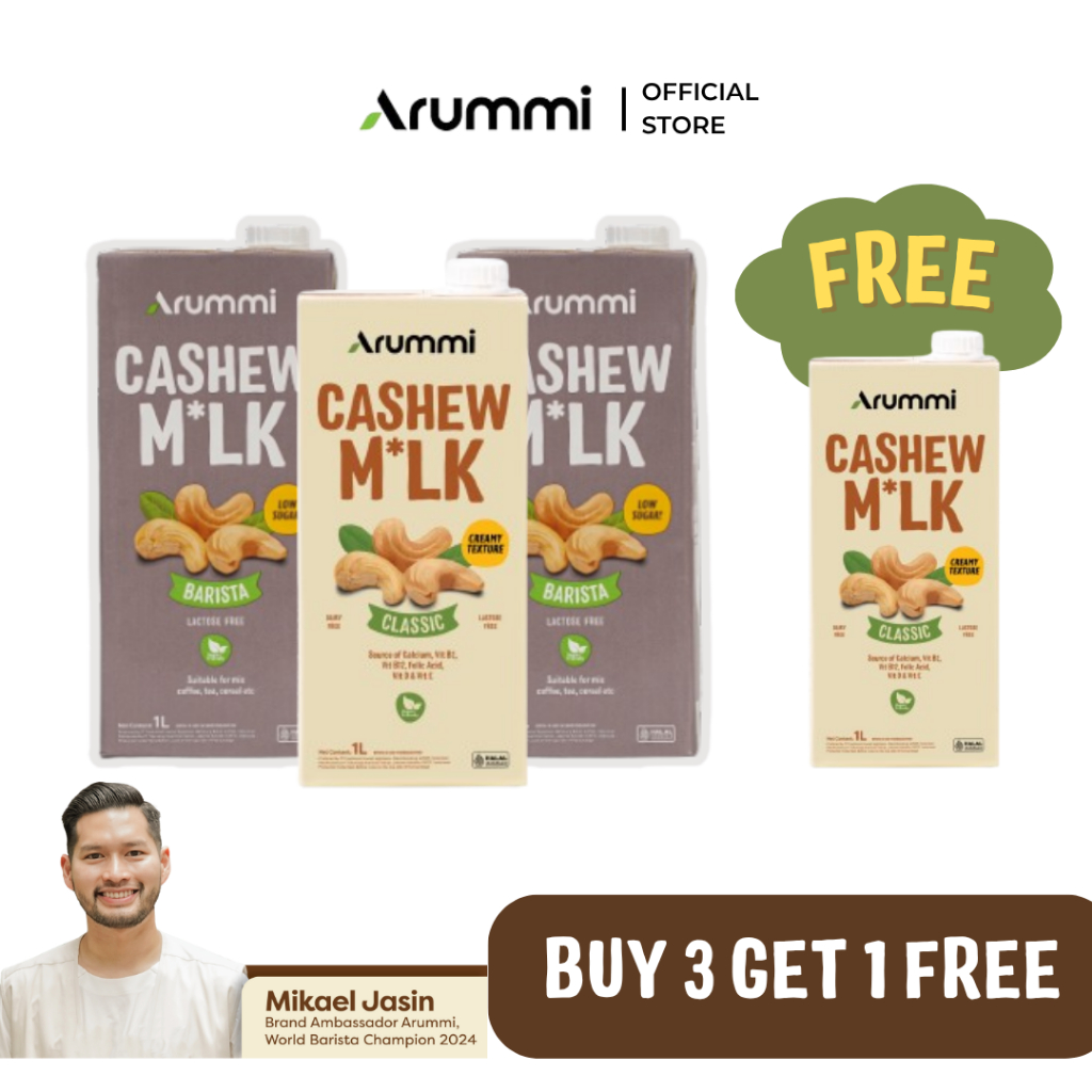 

(Buy 3 Get 1 Free) Arummi Cashew Milk - Mix Budnle Classic & Barista 1Liter - Susu Kacang Mede Lokal Dairy & Lactose Free