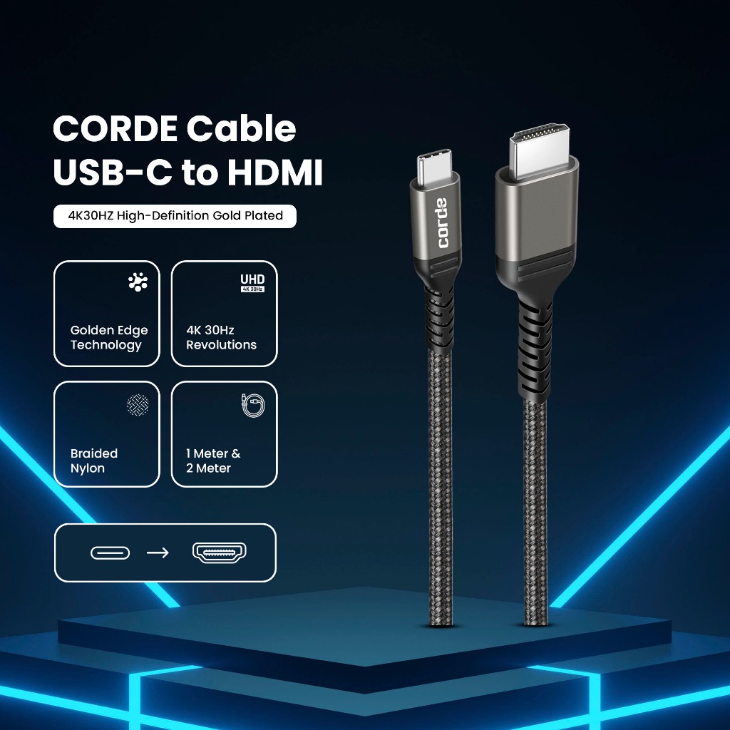 Nylon Kabel USB C ke HDMI Gold Plated 4K30Hz 1m 2m Support HP Proyektor