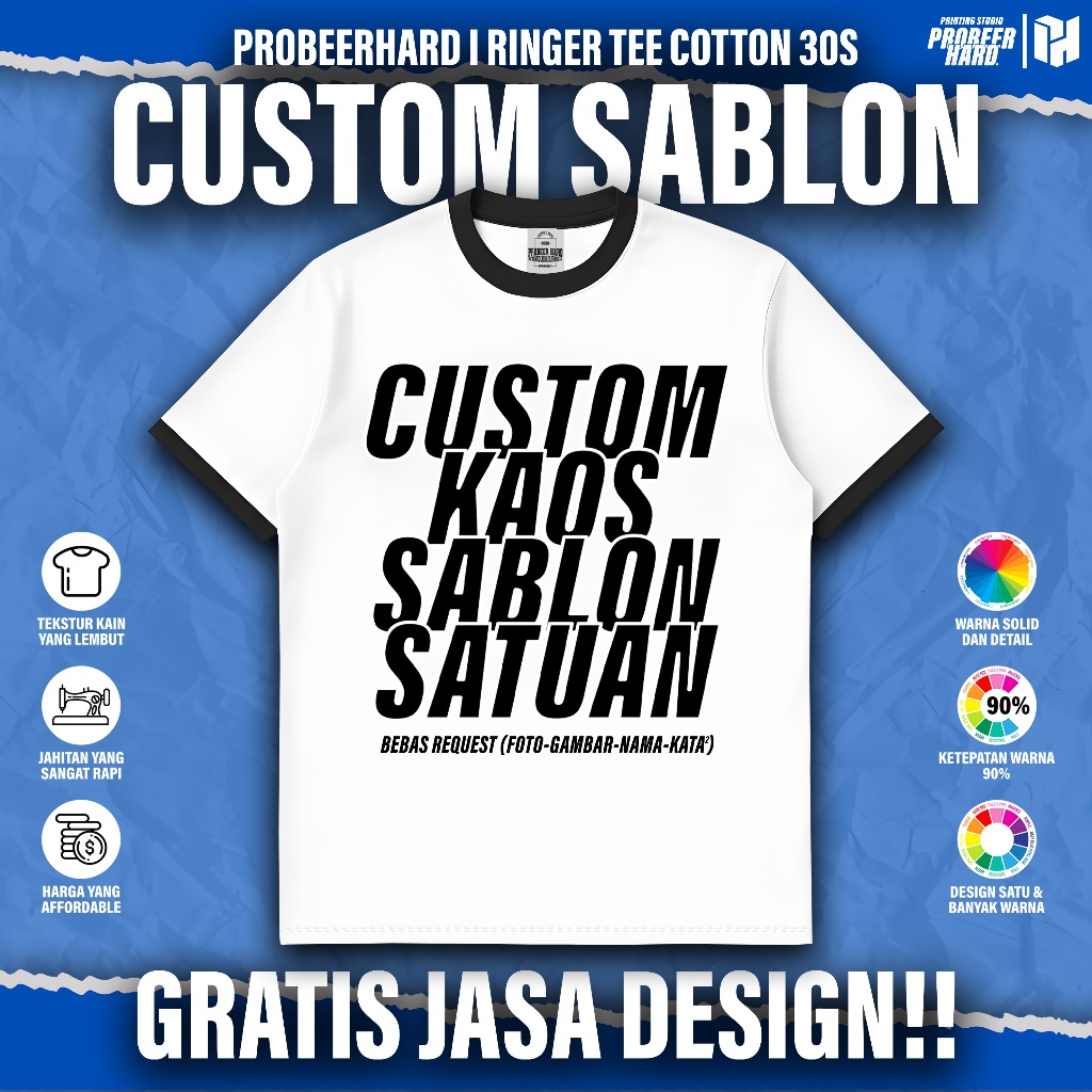 KAOS RINGER TEE - CUSTOM SABLON SATUAN (SABLON 1 SISI) BEBAS REQUEST SABLON - SABLON DTF