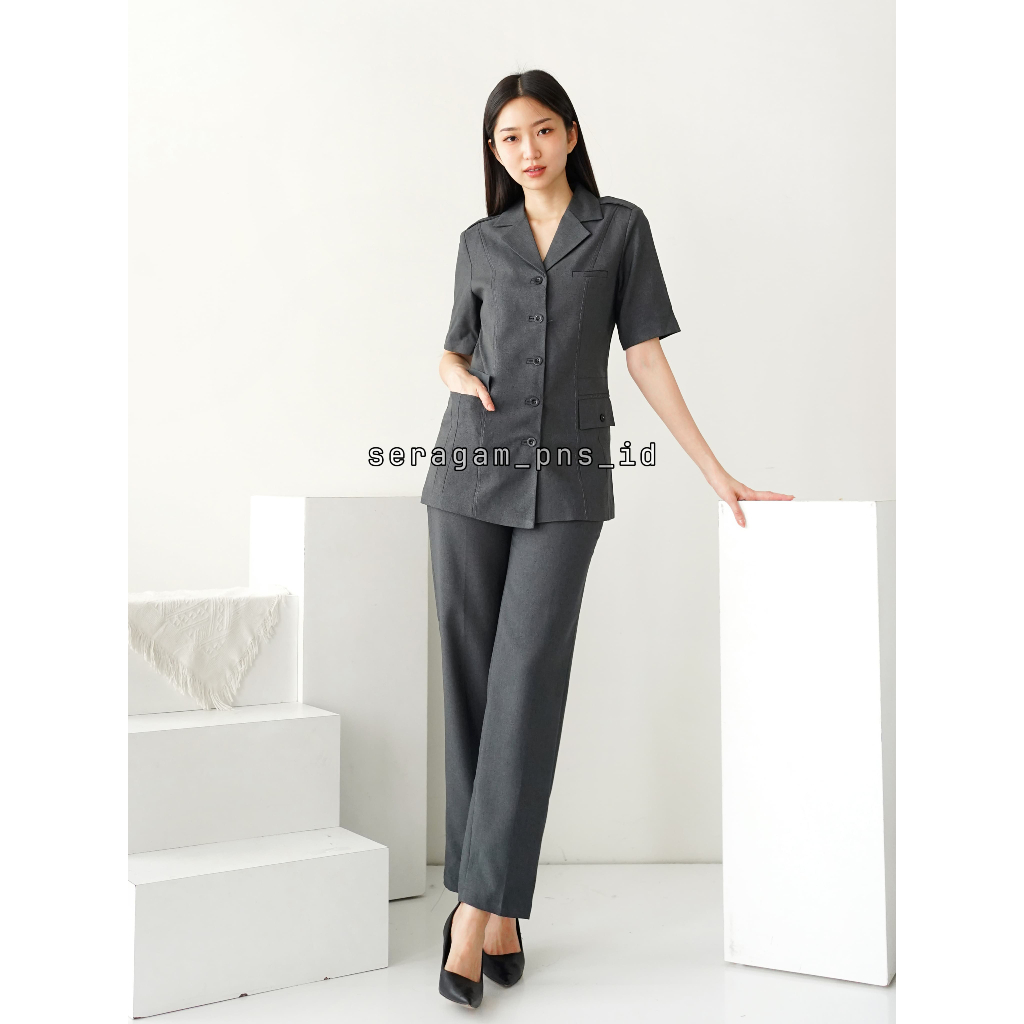 Jas Seragam Wanita PDH PNS Pemda Guru ASN Lengan Pendek Kantong Tiga - 6605 ABU TUA