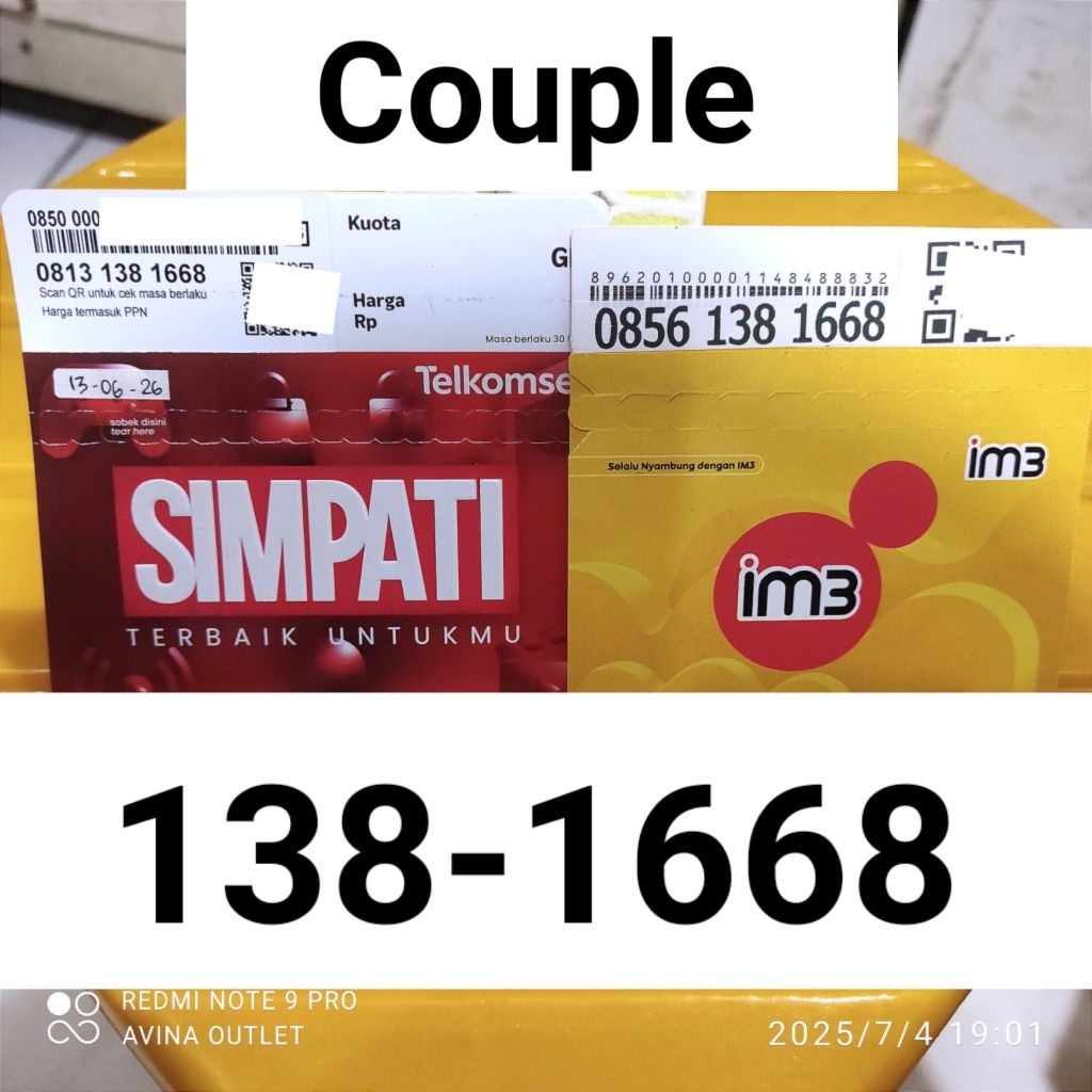 138-168 Kartu Perdana Telkomsel simPATI & Indosat IM3 Nomor Cantik Couple 11 Digit
