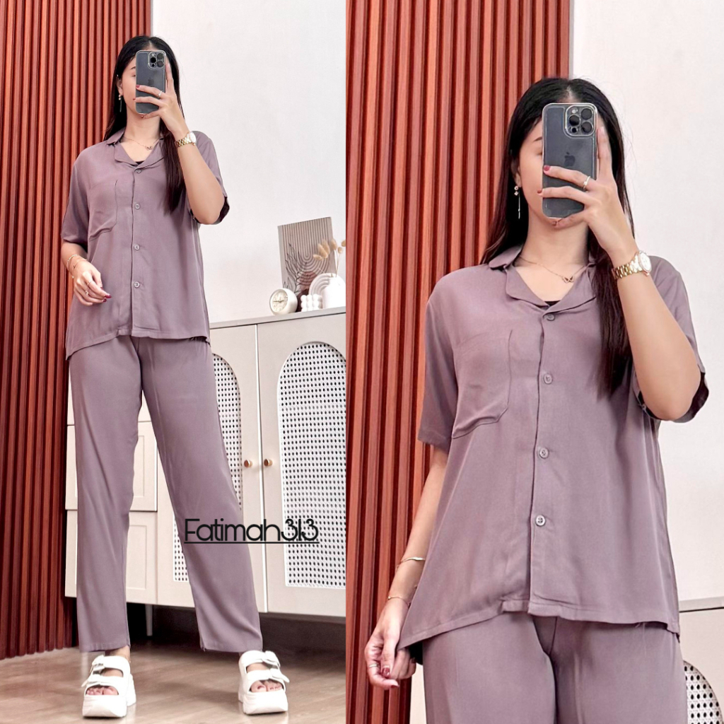Setelan One Set Rayon Twill Polos Lengan pendek Jumbo All Size Ld 100 Adem dan Nyaman
