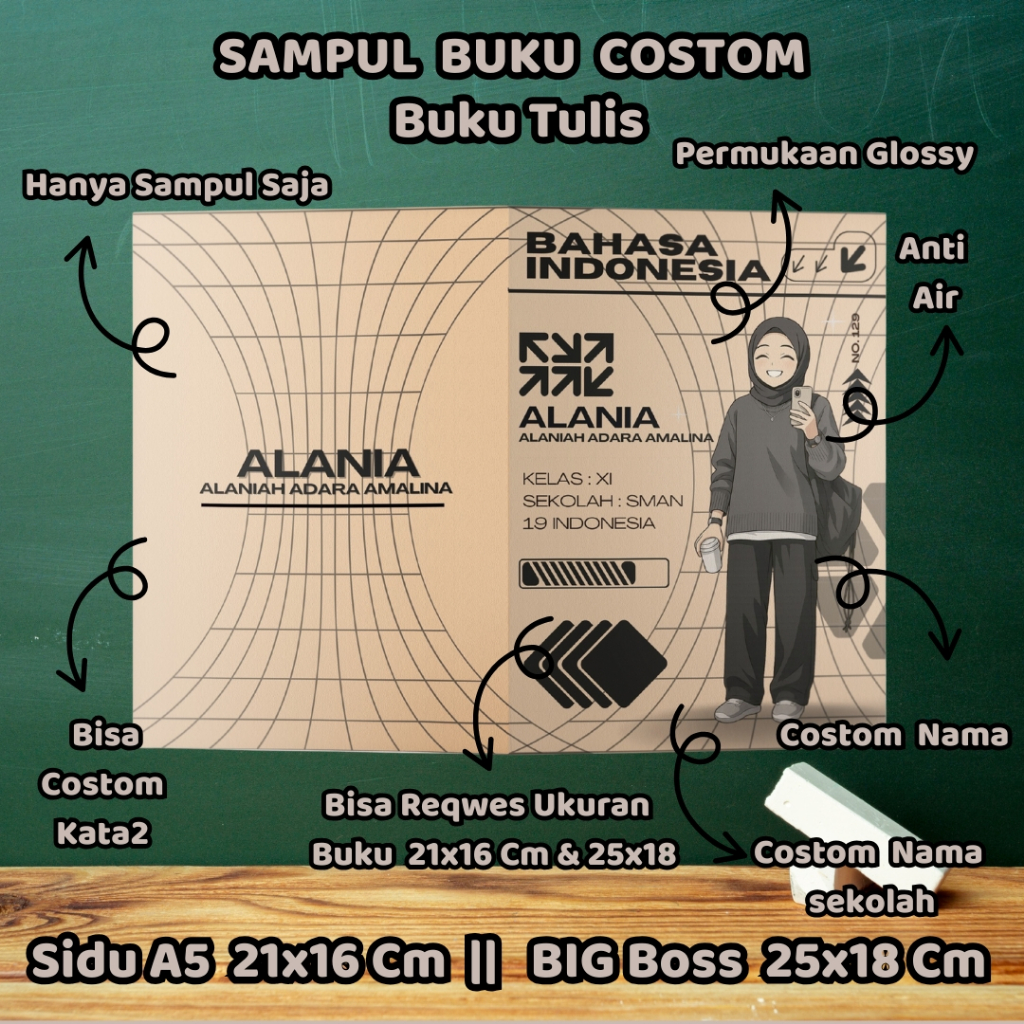 

Sampul Buku Custom (Nama, Nama Sekolah, Kelas & No Absen) Isi 1 Pcs/ Cover Buku/ Sampul Buku Kecil Standart/ Sidu