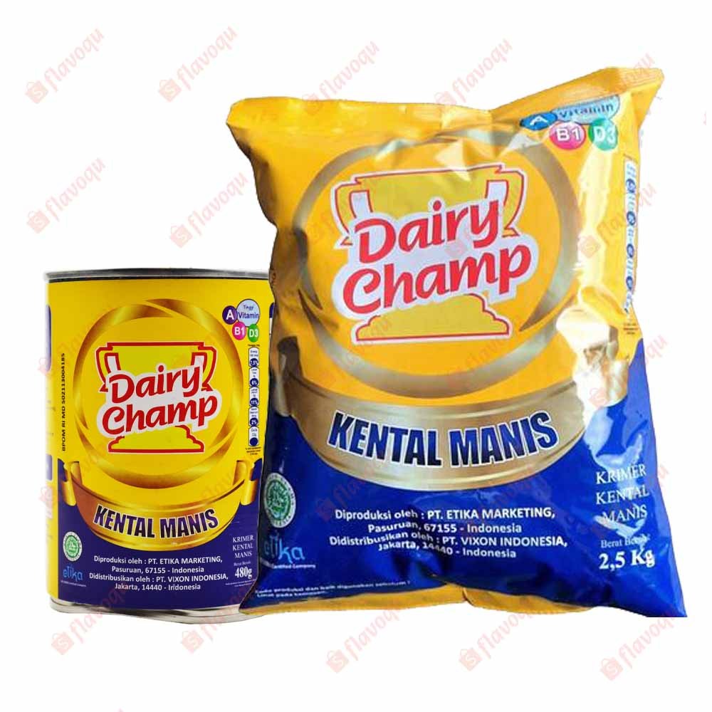 

Dairy Champ Krimer Kental Manis Putih Kaleng 480 gram 480gr Pack Pouch 2,5L 2,5 liter 2500gram Bantal SKM Susu Kental Manis