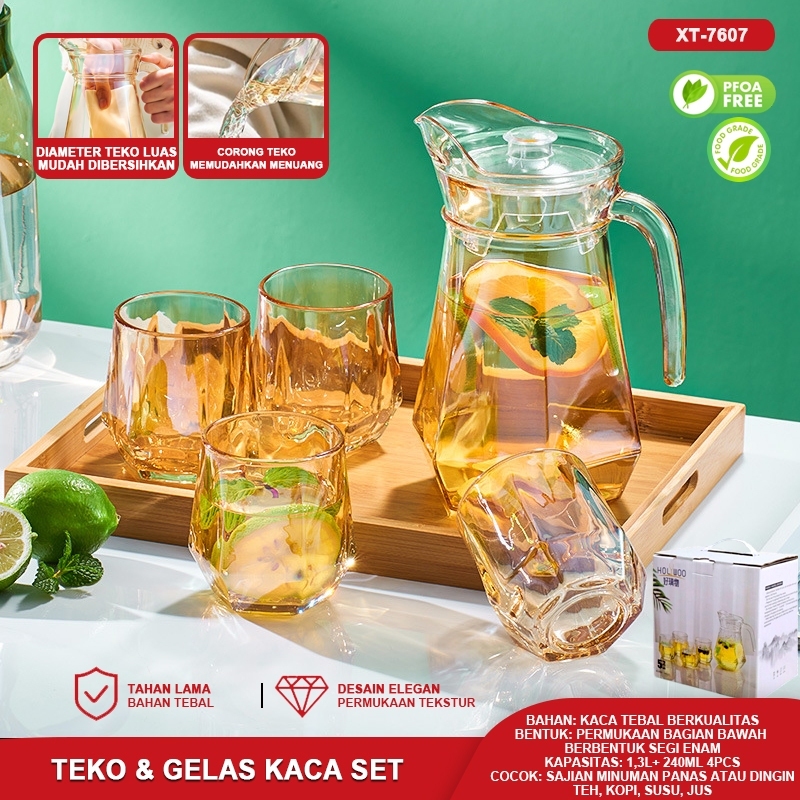 Pitcher Teko Kaca Set Gelas Drink Set 5 Pcs Water Set Kimglass Ketel Riak Jug Glass Tutup Dan Handle