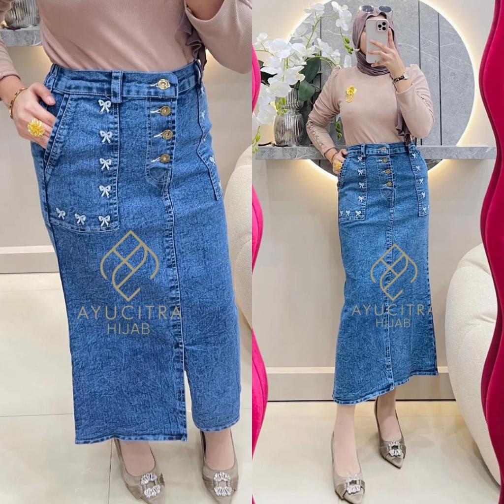 Ayucitra rok jeans panjang olivia bawahan span belah depan pakaian wanita kekinian