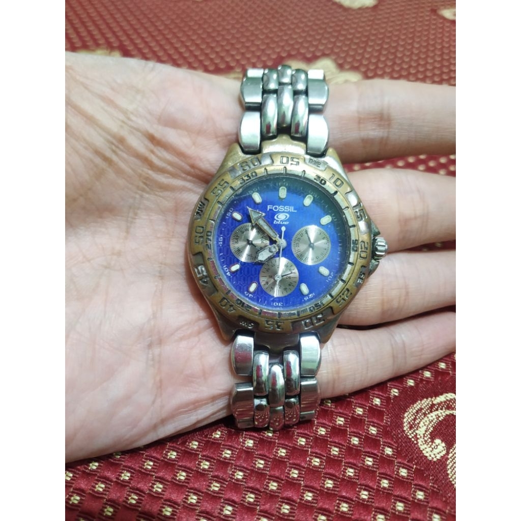 jam tangan quartz fos sil blue diver original