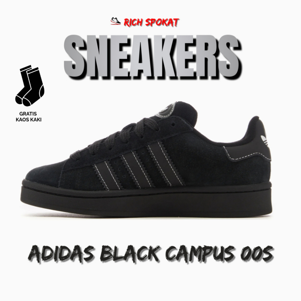 New  Campus Premium Tali Gemuk Pria Wanita Hitam Polos Sepatu Sekolah Full Black Skena Ootd Trandy