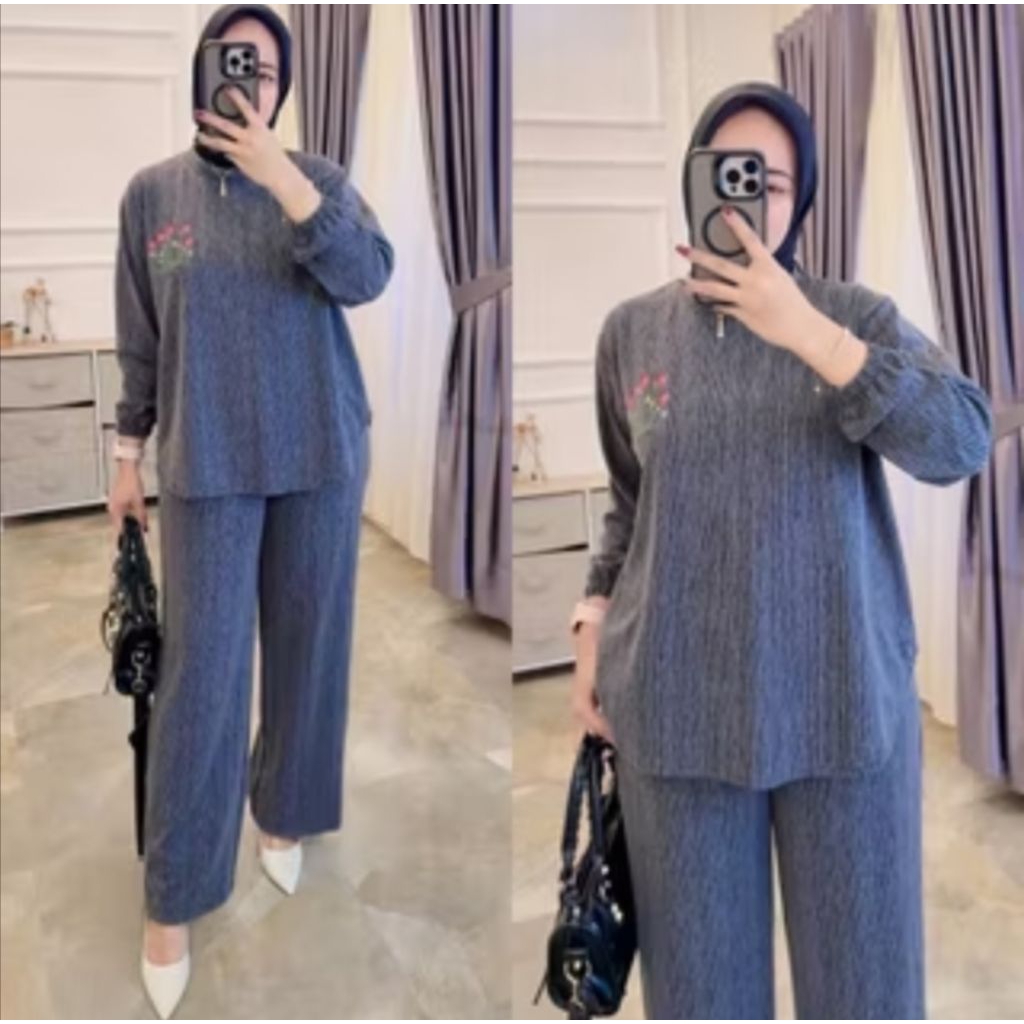 setelan wanita muslim kaos knit rajut import  terlaris