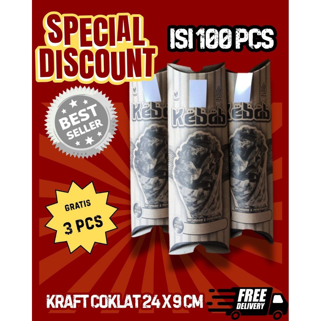 

Kardus Kebab || Bungkus Kebab || Kemasan kebab elegan isi 100 pcs gratis 3 pcs uk 24 x 9 cm bahan Kraft