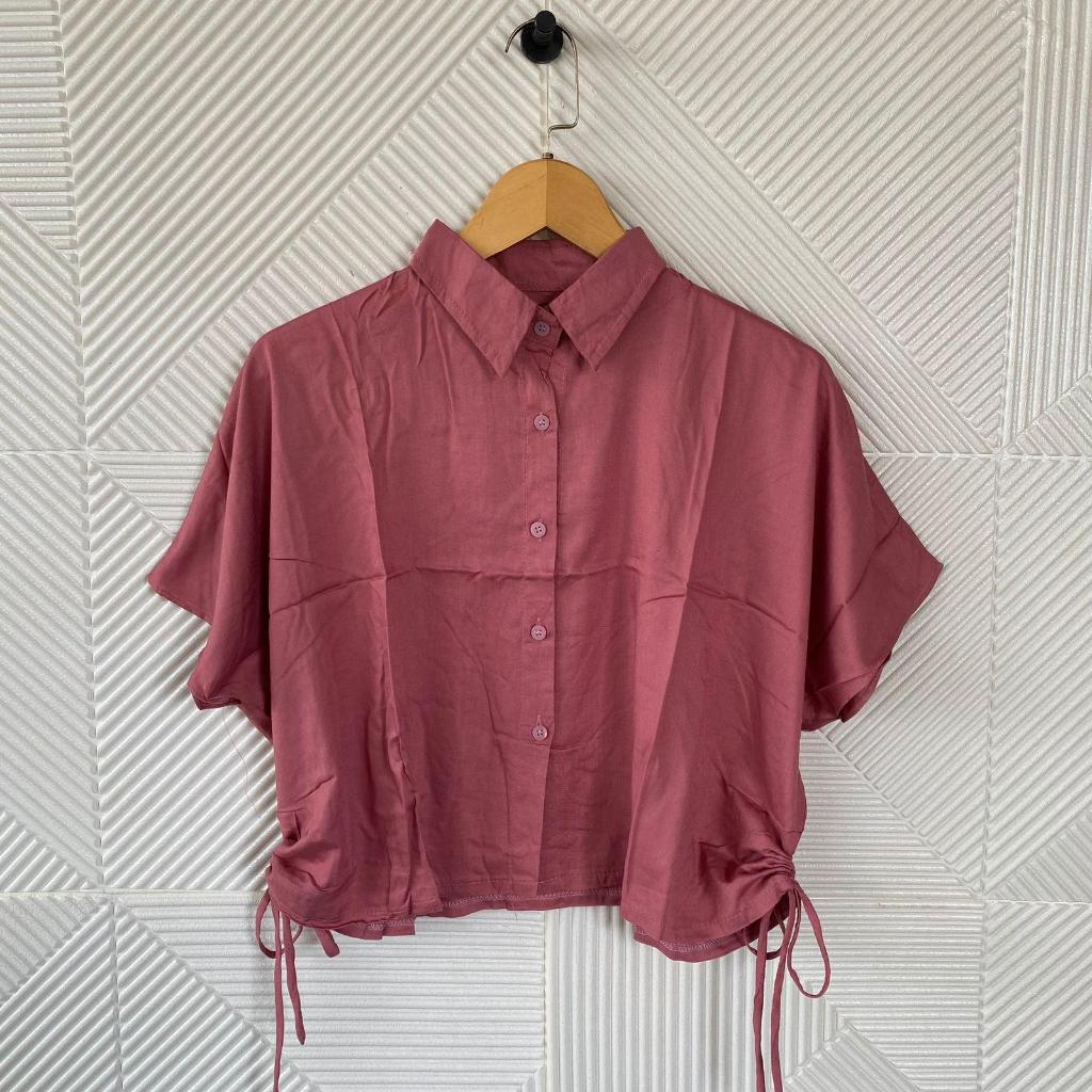 Shanhira - Kemeja Serut Samping Wanita / Blouse Katun Rayon Batwing Kancing Lengan Pendek Polos 2627