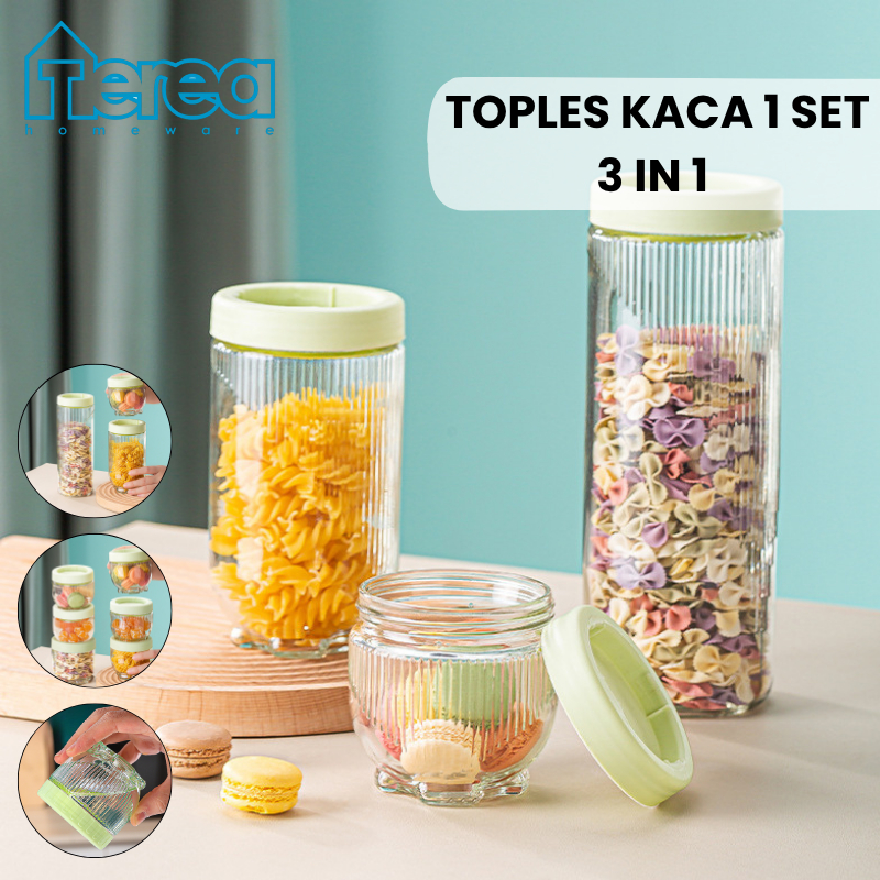 TEREA Toples Kue Lebaran Kaca 1 Set 3in1 / Toples Kaca Gladies Hazel Bening Anti Tumpah 3 pcs / Set 