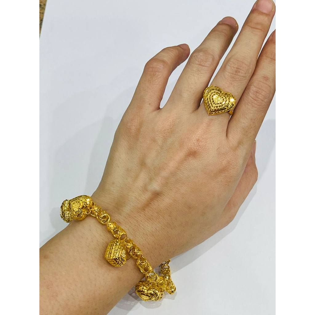 gelang dan cincin love love kerawang kristal elegant emas asli kadar 700