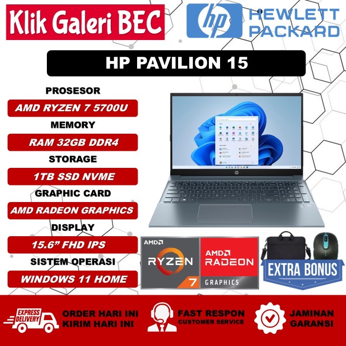 Laptop Kuliah HP Pavilion 15 Amd Ryzen 7 5700U RAM 32GB 1TB SSD 15.6 FHD IPS Win11 Blue Original