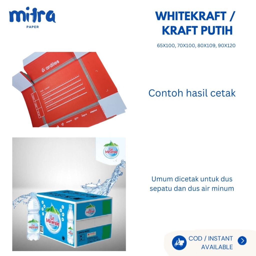 

Whitekraft / Kraft Putih / Samson Putih / Kertas Wrapping Putih / Paperbag / Kertas Dus Sepatu / Kertas Dus Air minum 150 gsm Plano