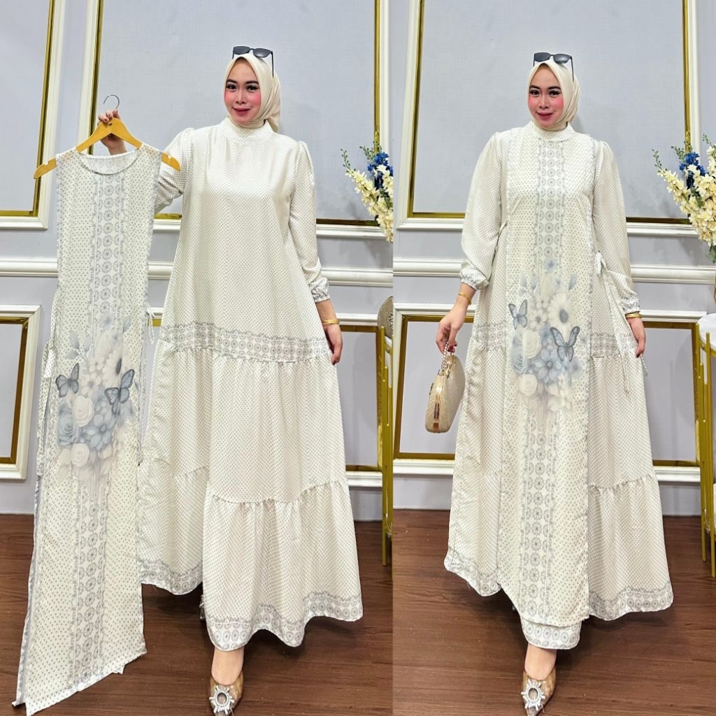 Gamis Syar’i Terbaru 2025 Bahan Lady Zara Premium Motif Polkadot Bunga Kupu Butterfly Gamis Muslimah