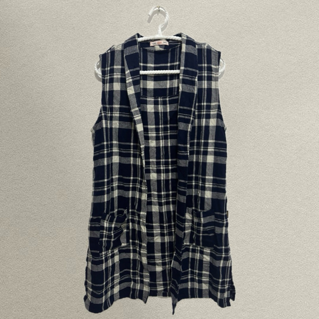 Dust Flanel Long Vest Rompi Panjang Checkered/Plaid Outer - Navy Biru Dongker