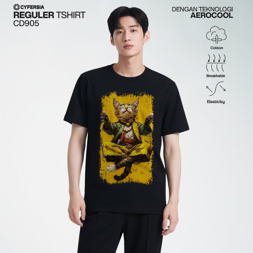 Cyfersia T-Shirt Motif Cat Meditation Kaos Pria Wanita Baju Distro Katun Combed CD905